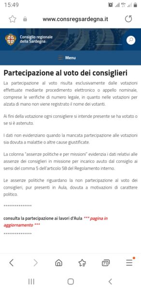 La pagina del Consiglio regionale della Sardegna